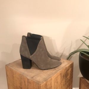 Grey suede crown vintage block heel Chelsea boot.